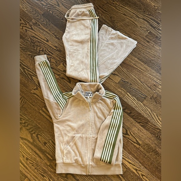 Pam & Gela Beige Velour Stripe Track Set Size P Fits Small - Picture 3 of 7